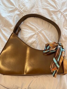 NEW WITH TAGS Brown Leather Shoulder Bag with Decorative Scarf